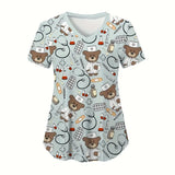 Cartoon animal scrubs for women featuring cute bear and medical patterns, perfect for vet professionals.