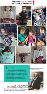 Collage of children using various portable baby gear, showcasing comfort and convenience for parents anywhere.