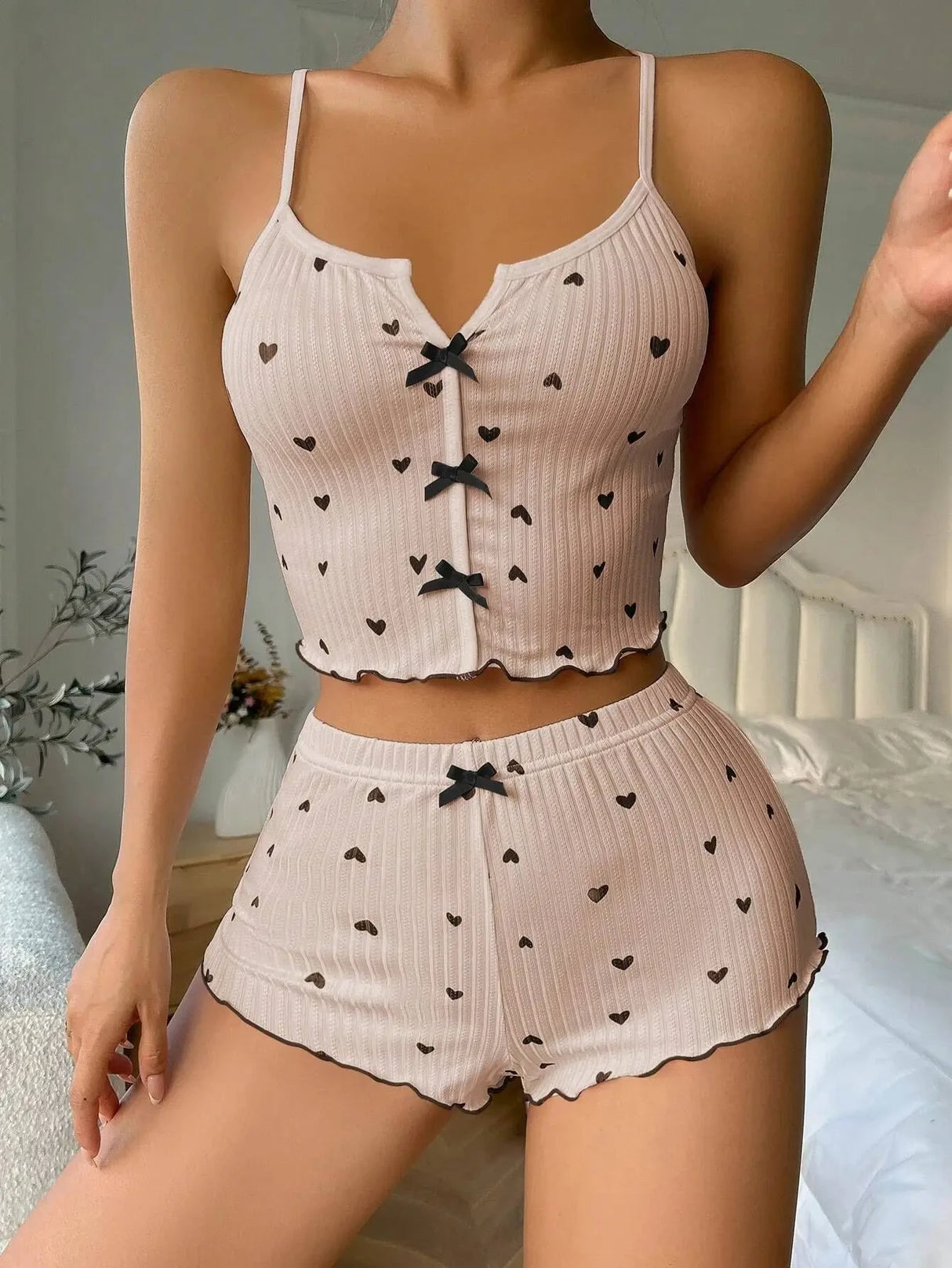 Women Heart Print Silk Pajamas