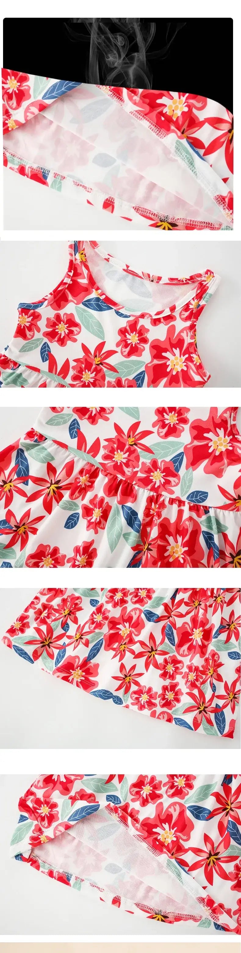 Close-up of a cute summer dress for girls featuring a floral print and sleeveless design.