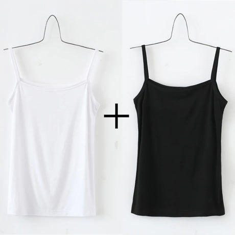 BasicBreeze™ Solid Cotton Strap Camis in White and Black, essential crop tops for everyday wear.