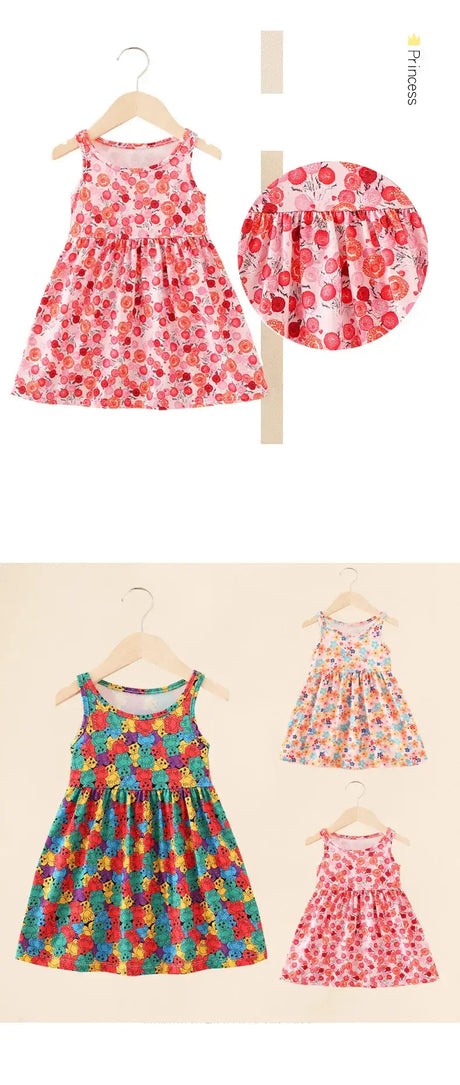 Cute summer dresses for girls in vibrant prints, featuring sleeveless design and knee-length fit, perfect for ages 4-6.
