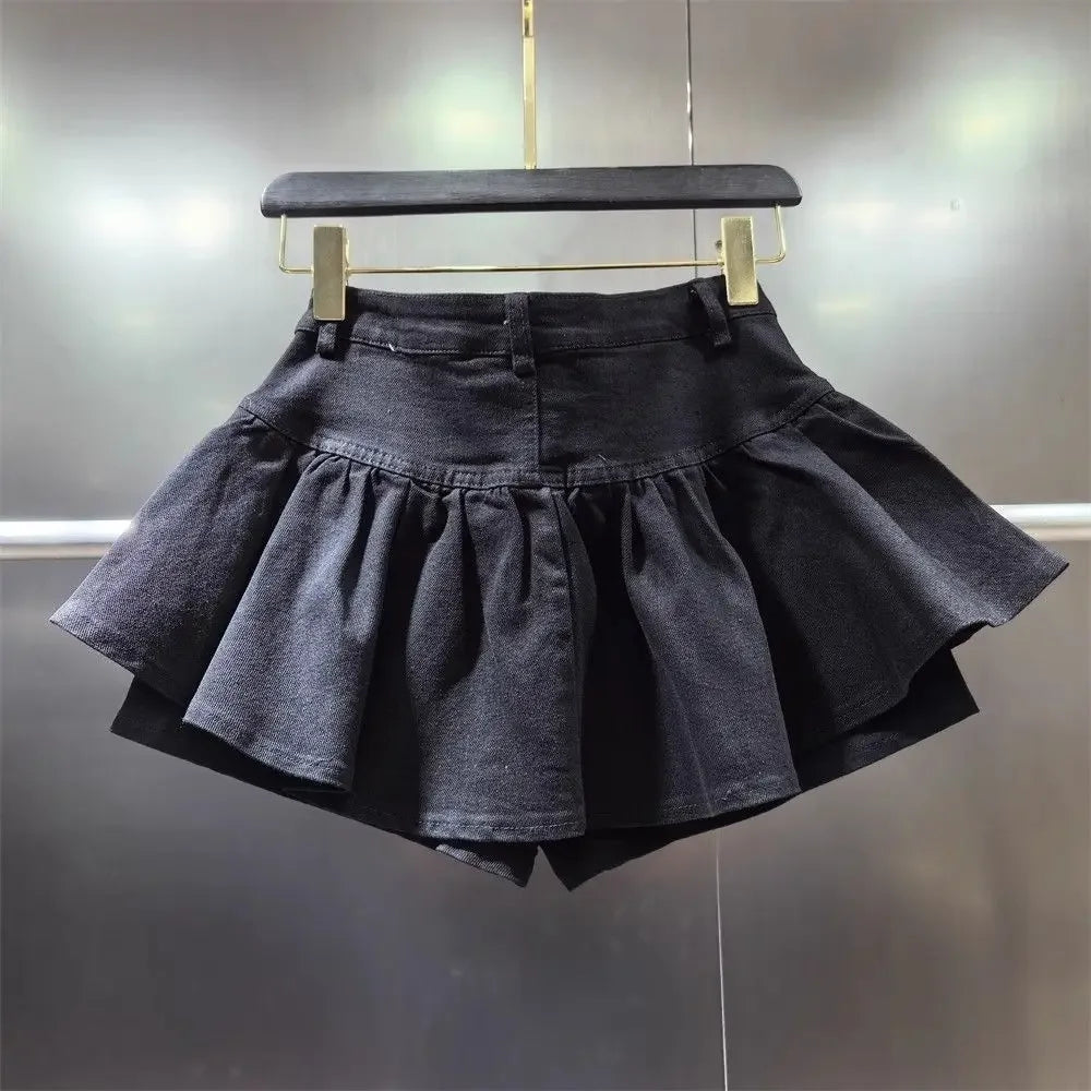 PuffyBelt™ – Puffy Layered Denim Skirt (Black A-line, High Waist)