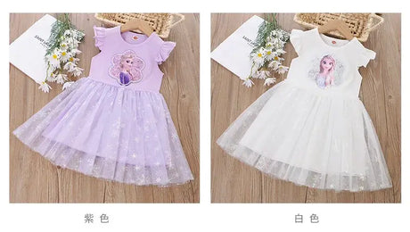 Girls summer dresses featuring princess designs in purple and white, knee-length, perfect for ages 4-6, made of cotton.