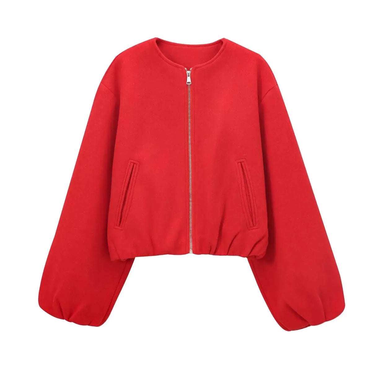 Women Red Zipper Cropped Bomber Jacket