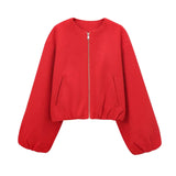 Women Red Zipper Cropped Bomber Jacket