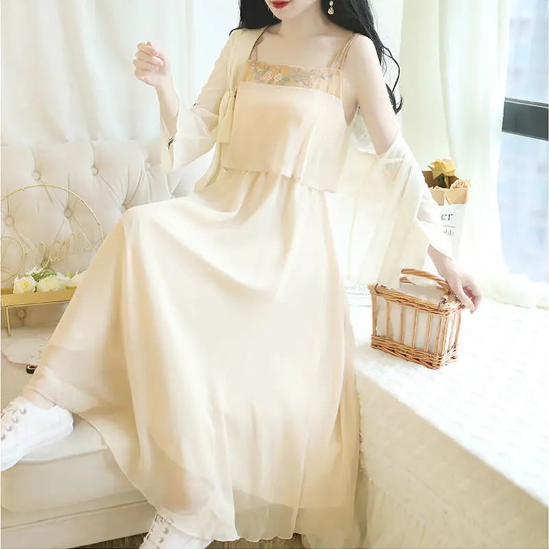 Floral 2-Piece Hanfu dress for women, summer style in pale cream color, featuring elegant design and lightweight fabric.
