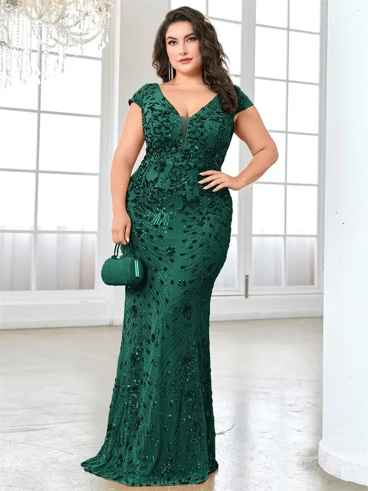 Women Plus Size Mermaid Sequin Formal Prom Dress