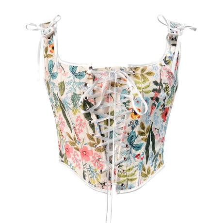 Retro floral corset cropped camisole with lace-up front for women, perfect summer party top.