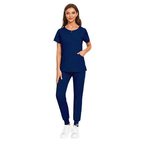Navy blue 7-color nursing work uniform with zipper V-neck top and pants, ideal for beauty salons and healthcare.