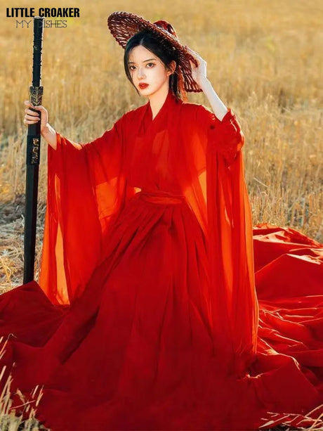 Elegant Swordsman Hanfu Costume in wine red, inspired by Tang Dynasty, suitable for both men and women.