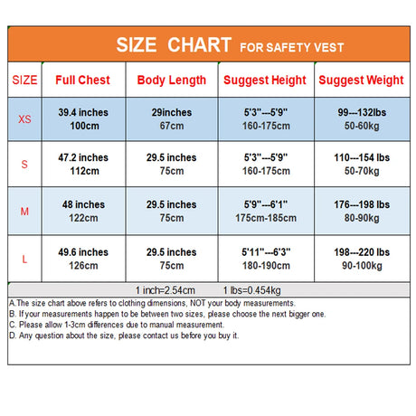 Size chart for women's high visibility pink safety vest, displaying measurements and suggestions for XS, S, M, and L.