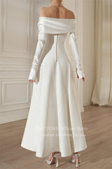 Chic off shoulder satin wedding dress with detachable sleeves, showcasing elegant back zip detail and ankle-length design.