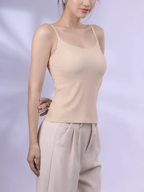 Bralux™ Built-In Bra Camisole with adjustable straps in soft beige, perfect for layering and comfort.