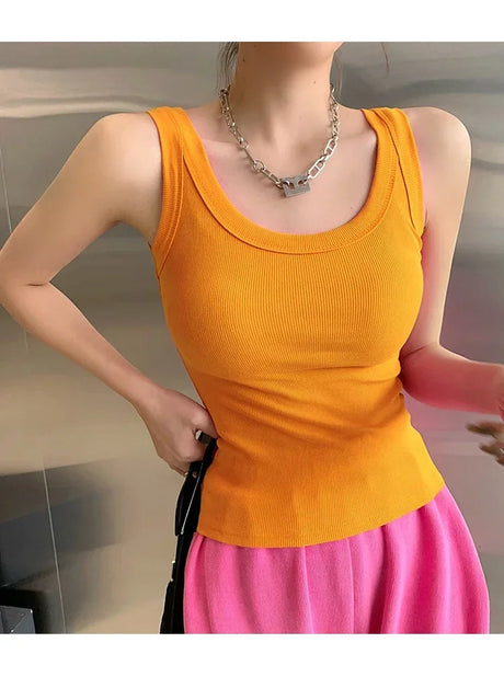 RetroRib™ 90s vintage ribbed tank top in vibrant orange, perfect for streetwear style.