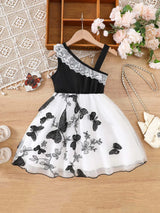 Toddler girl summer dress with butterfly pattern, asymmetrical collar, knee-length, perfect for ages 4-6, lightweight and stylish.