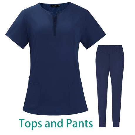 7-Color Nursing Work Uniform in navy blue with zipper v-neck top and matching pants, suitable for various professions.