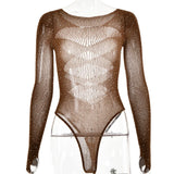 Women's Knitted Rhinestone Long Sleeve Bodysuit – Sexy Y2K Outfit