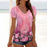 Women's vintage floral 3D print V-neck T-shirt in pink with rose patterns, perfect for casual wear.
