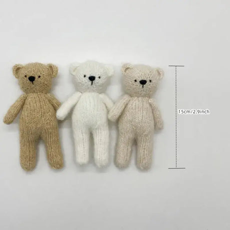 Three knitted teddy bears in neutral colors, each approx. 15cm tall, perfect as newborn photography props.