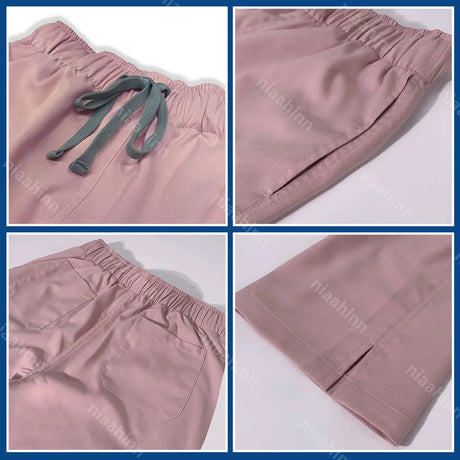 Pink elastic waist scrub pants with adjustable drawstring and side pockets for veterinary workwear.