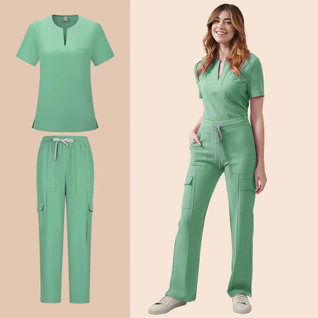 Women’s medical scrub set featuring a pocket top and matching pants in mint green, ideal for healthcare professionals.