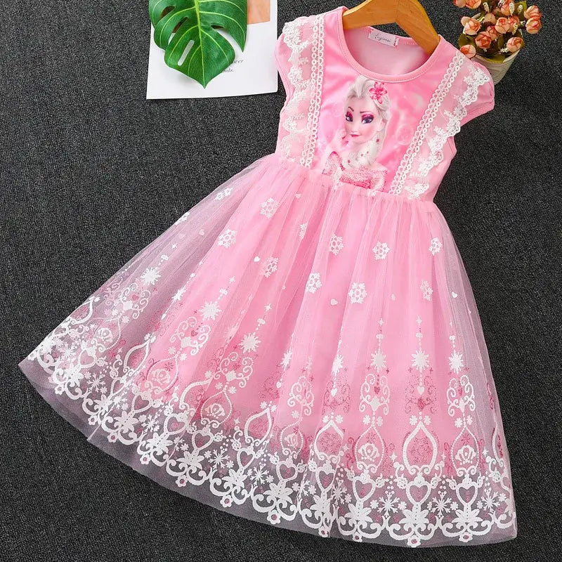 Girls summer pink flying sleeve dress with cartoon design, knee-length, perfect for casual outings, made of cotton.