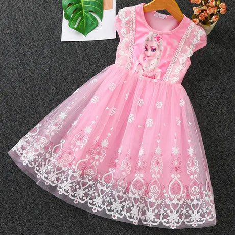 Girls summer pink flying sleeve dress with cartoon design, knee-length, perfect for casual outings, made of cotton.