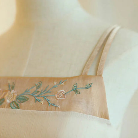 Close-up of floral embroidery on a light summer dress, showcasing delicate design and straps.