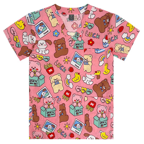 Colorful women's hospital nurse scrubs featuring cute bear and flower patterns on a pink background.