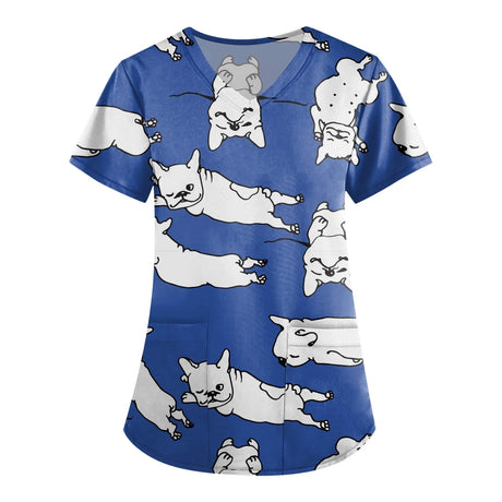 Cute surgical scrubs for women with a blue cat print design, perfect for vet nurses and medical staff.