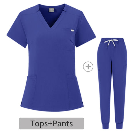 Summer breathable coveralls in blue, featuring a V-neck top and matching pants, ideal for medical and beauty professionals.