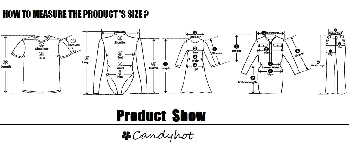 Size measurement guide for Candyhot clothing, detailing shirt and bodysuit dimensions for accurate fitting.