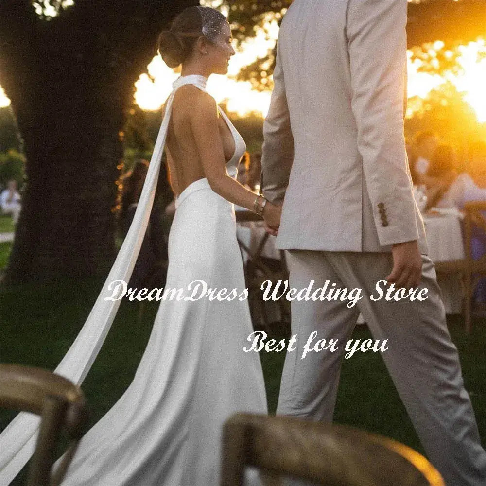 Women Mermaid Crepe Halter Wedding Dress Backless