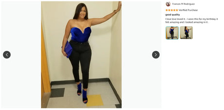 Woman in a blue strapless bodysuit paired with black pants, showcasing stylish nightwear look.