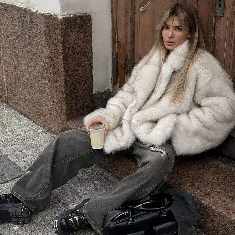 Neo Mint Gradient Faux Fur Oversized Women's Winter Coat