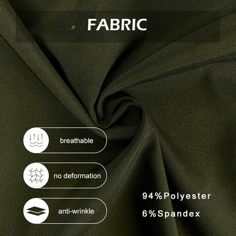 Close-up of breathable fabric showcasing 94% polyester and 6% spandex with anti-wrinkle and deformation properties.