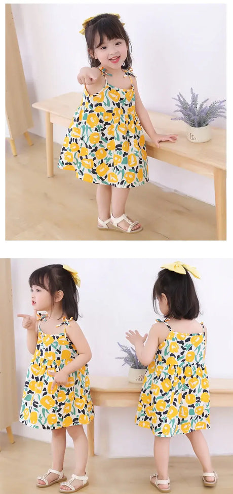 Cute summer dress for girls age 4-6, featuring a vibrant floral print and knee-length design.