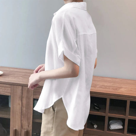 ZanzeaEase™ oversized white summer blouse, button-down, relaxed fit, breathable fabric, turn-down collar.