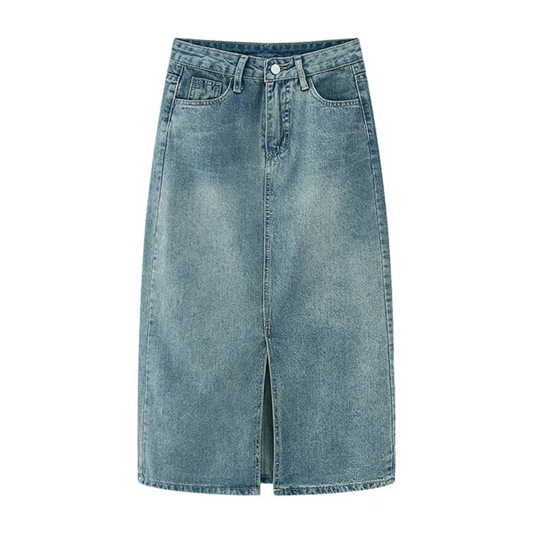 SplitEase™ – Long Washed Denim Skirt (High Waist, Hip Cover A-line)
