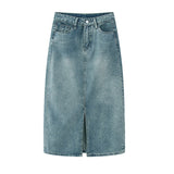SplitEase™ – Long Washed Denim Skirt (High Waist, Hip Cover A-line)