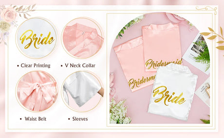 Features of 10-Piece Bride Kimono Robe Set including clear printing, V neck collar, waist belt, and sleeves.