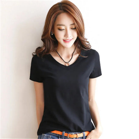 Slim Fit Cotton V-Neck Tee in black, lightweight and breathable summer style, perfect for women's casual wear.