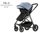 High-view four-wheel baby stroller F8-2 in blue, foldable, suitable for infants up to 3 years, load-bearing 20kg.