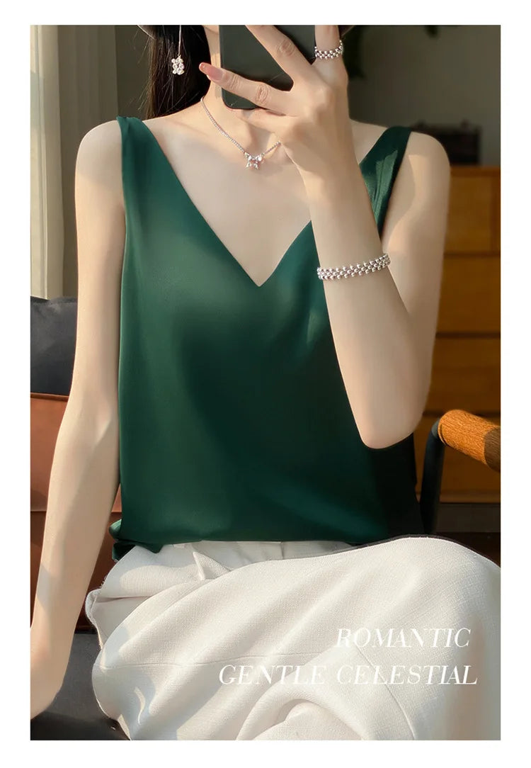 Ice Silk Satin V‑Neck Camisole Crop Top