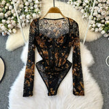 Women Square Neck Mesh Print Bodysuit
