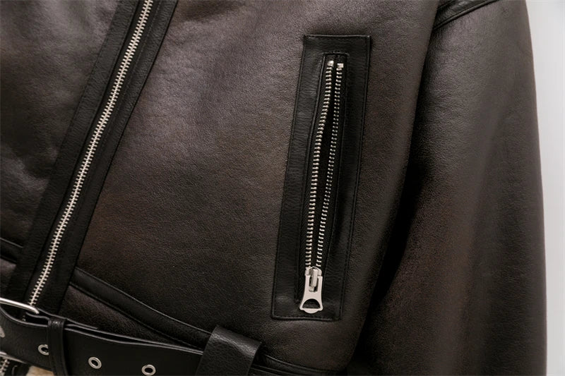 Vintage Faux Shearling Belted Winter Jacket