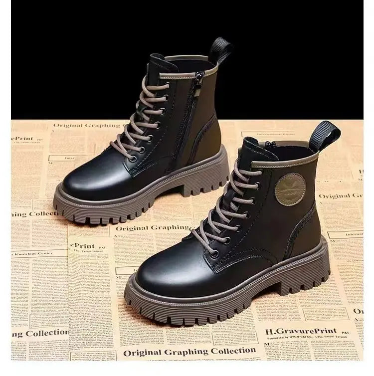 Women Motorcycle Style Ankle Boots – Thick Sole Leather Plus Velvet