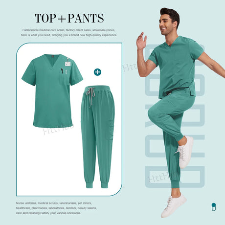Unisex nurse surgical scrub suit jogger set in teal, featuring breathable fabric and pockets, ideal for medical professionals.