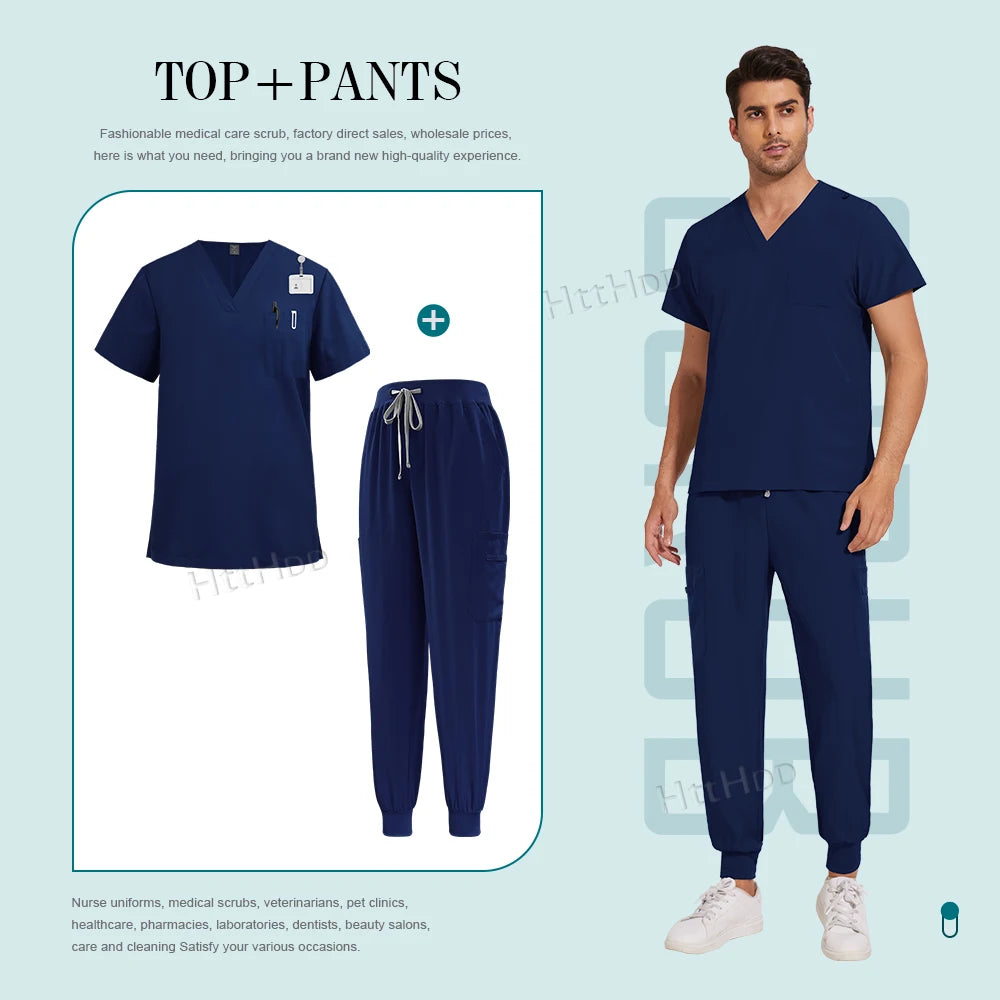 Unisex nurse surgical scrub suit jogger set in navy blue, featuring breathable fabric and practical pockets for medical professionals.